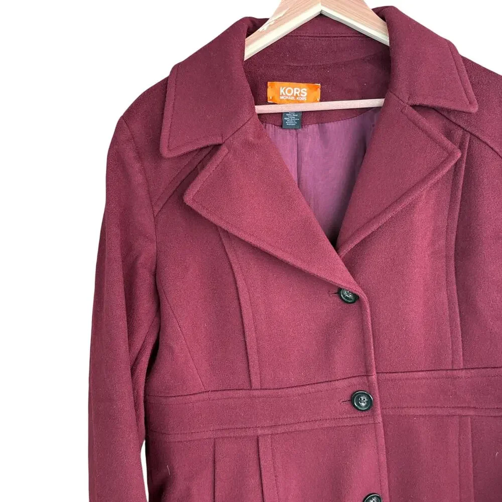 Michael Kors Wool Coat 14 Burgundy Red Jacket Button Pea Coat Academia Prep